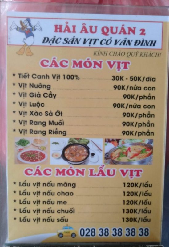 Menu Vịt Cỏ Vân Đình Hải Âu 